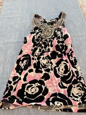 INC International Concepts Pink, Black, Cream Beaded-Neck Floral Top